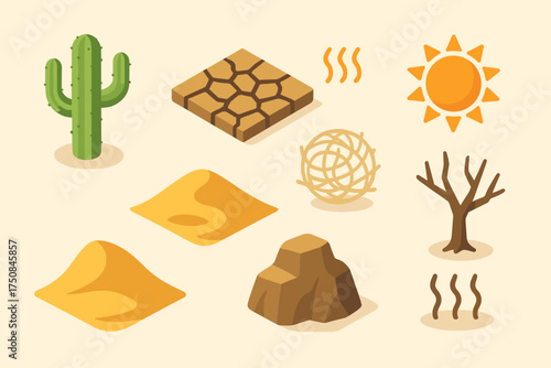 Isometric Desert Elements. Dry Heat set icons in flat vector style desert cactus, cracked earth, blazing sun, dry tumbleweed, sand dune, parched tree, desert rock, heat waves