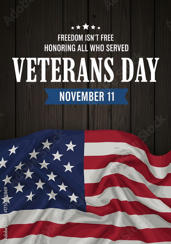 Patriotic Veterans Day tribute featuring a waving American flag and a respectful message honoring all who served, marking the solemn observance on November 11th