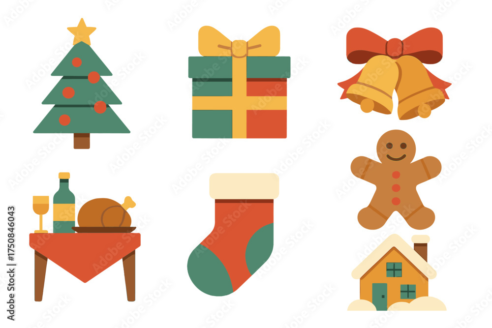 Obraz premium Festive Yule Icons. Festive Yule set of icons in geometric flat vector. Decorated tree, wrapped gift, bells, ribbon bow, gingerbread cookie, feast table, festive stocking, snowy
