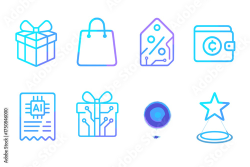 Futuristic Holiday Icons. Futuristic Boxing Day set of icons in geometric flat vector. Holographic gift box, neon glowing shopping bag, cyber discount tag, digital coin wallet, AI