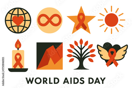 World AIDS Day Icons. Symbolic World AIDS Day set of icons in geometric flat vector. Globe with heart, infinity ribbon, star with ribbon, radiant sun, glowing candle, folded flag