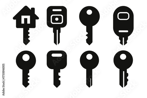 Modern Key Icons. Modern Keys set of icons silhouette. House key, car key, flat metal key, smart key fob, apartment key, office key, simple silver key, brass door key