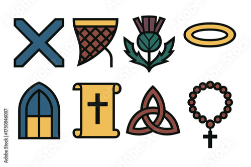 Saint Andrew's Icons. Classic Saint Andrew’s Day set of icons in geometric flat vector. Saltire cross, fishing net, thistle flower, saint’s halo, church window, scroll with cross