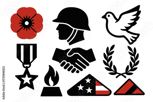 Armistice Day Icons. Classic Armistice Day set of icons silhouette. Poppy flower, soldier’s helmet, white dove, peace handshake, military medal, eternal flame, laurel wreath