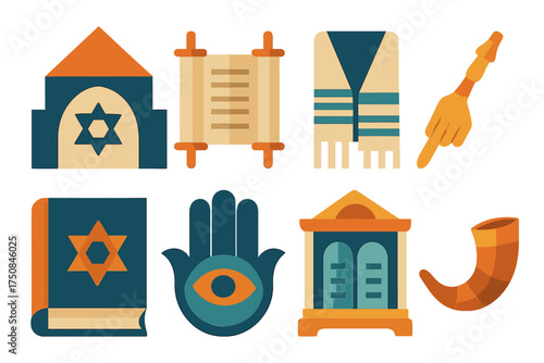 Hanukkah Geometric Icons. Religious Hanukkah set of icons in geometric flat vector. Synagogue silhouette, Hebrew scroll, tallit prayer shawl, yad pointer, holy book, hamsa hand