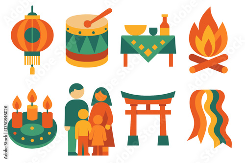 Geometric Festive Icons. Cultural New Year’s Eve set of icons in geometric flat vector. Lantern, drum, feast table, bonfire, candle circle, family gathering, gate arch, festive