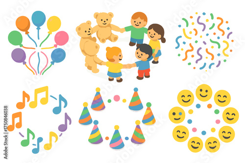 Playful Icons Circle. Playful Circle of Friends set icons in flat vector style. Balloons in circle, teddy bears in circle, cartoon kids holding hands, confetti circle, music notes