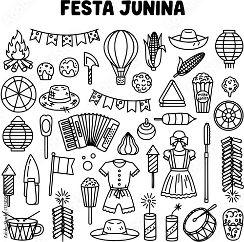 Festa Junina traditional celebration elements set. Brazilian June Festival objects, doodle style, black and white vector icons.