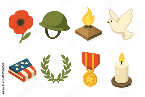 Remembrance Day Icons Collection. Classic Remembrance Day set icons in flat vector style. Red poppy flower, soldier’s helmet, eternal flame, white dove, folded flag, laurel wreath