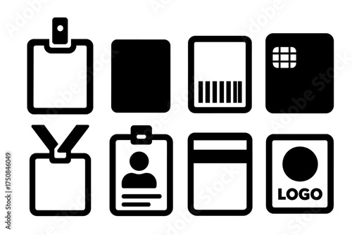 Modern Security Icons. Modern Security Badges set of icons silhouette. Plastic ID badge with clip, laminated card badge, badge with barcode, keycard badge with chip, lanyard ID
