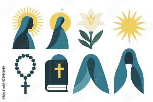 Immaculate Conception Icons. Classic Immaculate Conception set of icons in geometric flat vector. Virgin Mary silhouette, shining halo, white lily flower, radiant sun, blue mantle