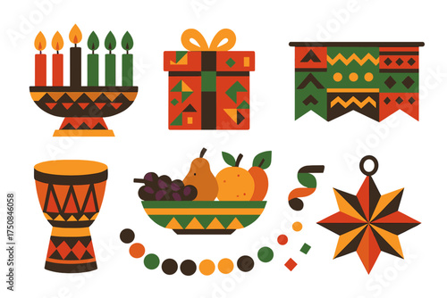 Colorful Kwanzaa Icons. Festive Kwanzaa set of icons in geometric flat vector. Decorated candle holder, wrapped gift, fruit centerpiece, banner with patterns, festive drum