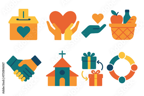 Charity Icons Collection. Charity Boxing Day set of icons in geometric flat vector. Donation box, heart with hands, giving hand, food basket, helping hand icon, church with cross