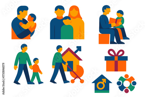 Fatherhood Icon Set. Family International Men’s Day set of icons in geometric flat vector. Father holding baby, family group icon, father reading book to child, dad pushing