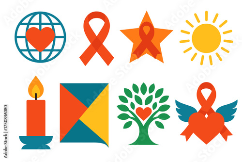 Symbolic AIDS Day Icons. Symbolic World AIDS Day set of icons in geometric flat vector. Globe with heart, infinity ribbon, star with ribbon, radiant sun, glowing candle, folded