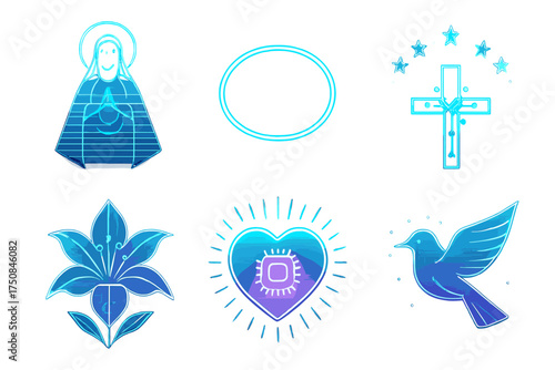 Futuristic Sacred Icons. Futuristic Immaculate Conception set of icons in geometric flat vector. Holographic Virgin Mary, neon glowing halo, cyber white lily, digital crown of