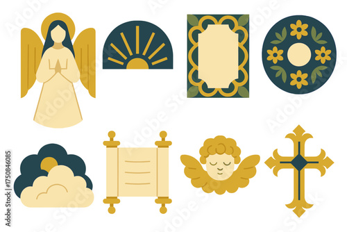 Divine Iconography Set. Artistic Immaculate Conception set of icons in geometric flat vector. Angelic figure, divine rays, ornamental frame, floral halo, heavenly clouds, sacred