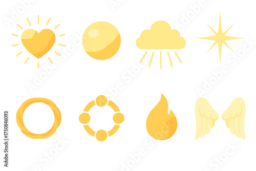 All Souls' Day Icons. Symbolic All Souls’ Day set icons in flat vector style. Radiant heart, glowing orb, cloud with rays, starburst light, crown of eternity, unity circle, flame