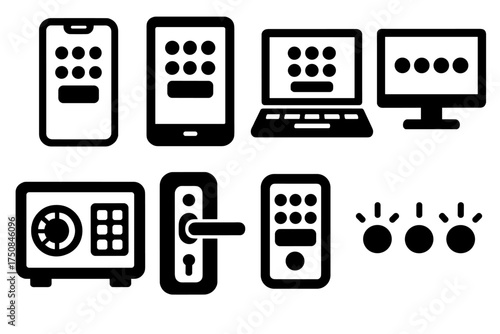 Digital PIN Icons. Digital PIN Codes set of icons silhouette. Smartphone PIN entry screen, tablet PIN lock, laptop login PIN pad, computer screen with PIN dots, digital safe PIN