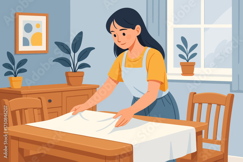 A young woman spreads a tablecloth on a dining table at home, preparing the surface for use.