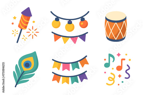 Festive Diwali Icons. Festive Diwali set icons in flat vector style. Fireworks, string lights, celebratory banner, drum dhol, peacock feather, colorful garland, music notes