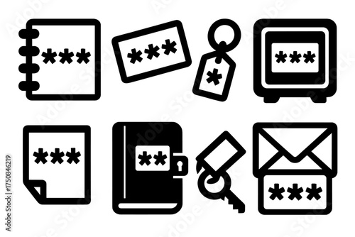 Classic Password Icons. Classic Passwords set of icons silhouette. Notepad with password, paper slip with code, key with password tag, safe with password note, sticky note