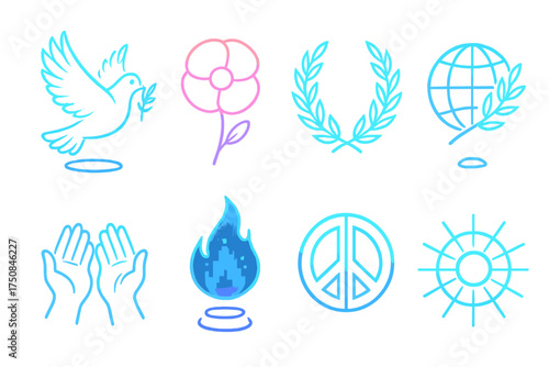 Futuristic Peace Icons. Futuristic Armistice Day set of icons silhouette. Holographic peace dove, neon glowing poppy, digital laurel wreath, futuristic globe with olive branch