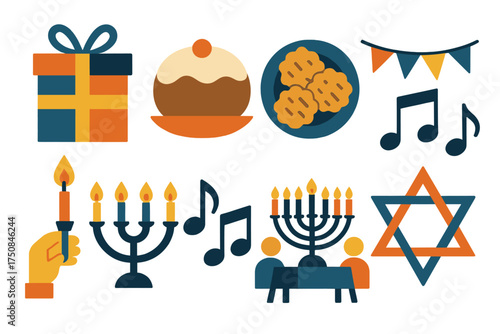 Hanukkah Icon Set. Festive Hanukkah set of icons in geometric flat vector. Wrapped gift, doughnut sufganiyah, latkes plate, festive banner, candle lighting ceremony, music notes