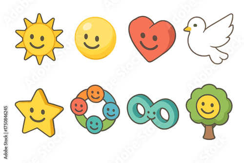 Isometric Smiling Symbols. Symbolic Smiling Faces set icons in flat vector style. Radiant sun with smile, glowing orb with smile, heart with smile inside, peace dove smiling, star