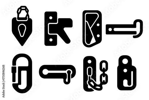 Portable Door Lock Icons. Portable Door Locks set of icons silhouette. Travel door lock device, temporary latch lock, clip-on door lock, portable bar lock, backpacker door lock