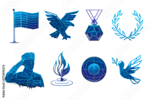Futuristic Veterans Icons. Futuristic Veterans Day set of icons in geometric flat vector. Holographic flag, neon glowing eagle, cyber medal, digital laurel wreath, AI soldier