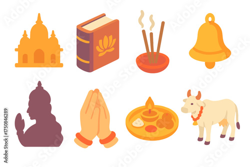 Diwali Icon Set. Religious Diwali set icons in flat vector style. Temple silhouette, holy book, incense sticks, bell, goddess silhouette, prayer hands, offering plate thali, sacred