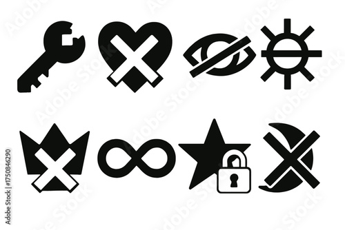 Brutalist Access Denied Symbols. Symbolic Access Denied set of icons silhouette. Broken key, locked heart with cross, closed eye with strike-through, barred sun symbol, blocked