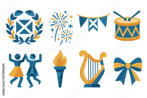 Saint Andrew's Icons. Festive Saint Andrew’s Day set of icons in geometric flat vector. Wreath with saltire, fireworks, celebratory banner, drum with sticks, folk dance symbol