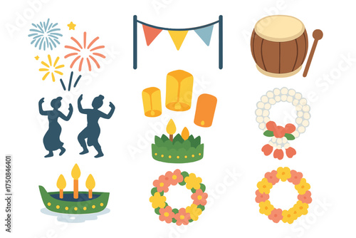 Loy Krathong Celebrations. Festive Loy Krathong set icons in flat vector style. Fireworks, celebratory banner, music drum, dancers silhouette, floating lanterns, flower garland