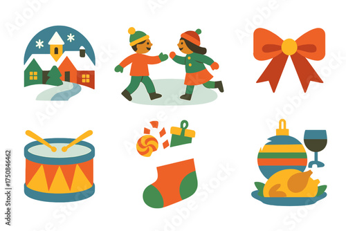 Festive Icon Collection. Joyful Christmas Day set of icons in geometric flat vector. Snowy village, children playing, toy drum, snow-covered house, ribbon bow, stocking with treats