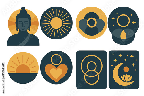 Bodhi Day Iconography. Symbolic Bodhi Day set of icons in geometric flat vector. Enlightened Buddha silhouette, radiant halo, open eye, rising sun, glowing heart, unity circle