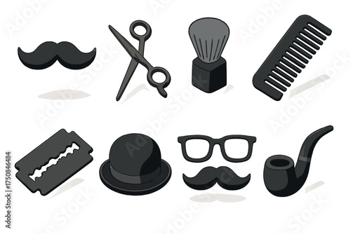 Movember Icon Collection. Classic Movember set icons in flat vector style. Black mustache, barber scissors, shaving brush, comb, razor blade, bowler hat, glasses with mustache