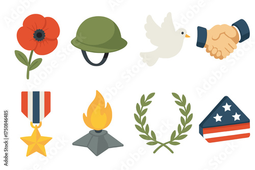 Armistice Day Symbols. Classic Armistice Day set icons in flat vector style. Poppy flower, soldier’s helmet, white dove, peace handshake, military medal, eternal flame, laurel