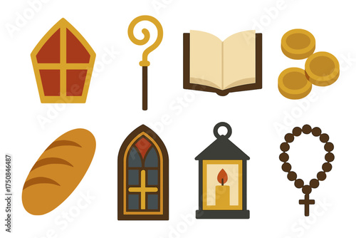 St. Nicholas Symbols. Classic St. Nicholas Day set of icons in geometric flat vector. Bishop’s mitre hat, crozier staff, open book, gold coins, loaf of bread, church window, candle