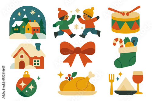 Festive Christmas Icons. Joyful Christmas Day set of icons in geometric flat vector. Snowy village, children playing, toy drum, snow-covered house, ribbon bow, stocking with treats