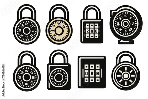 Vector Combination Locks. Classic Combination Locks set of icons silhouette. Round dial padlock, brass dial lock, iron shackle combination lock, vintage dial safe lock, black