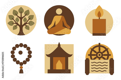 Bodhi Day Icons. Classic Bodhi Day set of icons in geometric flat vector. Bodhi tree, meditating figure, lotus flower, candle flame, prayer beads, temple silhouette, Dharma wheel