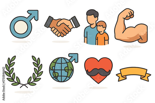 International Men's Day Icons. Classic International Men’s Day set icons in flat vector style. Male gender symbol, handshake icon, father with child, laurel wreath, strong arm