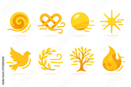 Symbolic Breeze Icons. Symbolic Warm Breeze set icons in flat vector style. Spiral swirl, infinity knot with wind, glowing orb with breeze lines, radiant starburst with air, peace
