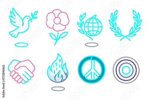 Futuristic Peace Icons. Futuristic Armistice Day set icons in flat vector style. Holographic peace dove, neon glowing poppy, digital laurel wreath, futuristic globe with olive
