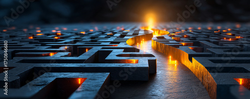 Glowing pathway shows clear solution through complex maze, hopeful business strategy for digital transformation. Navigating this challenge leads to bright future