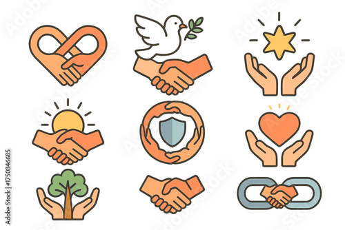 Symbolic Trust Icons. Symbolic Trust set icons in flat vector style. Infinity knot with hands, peace dove with handshake, radiant star with hands, rising sun with clasped hands
