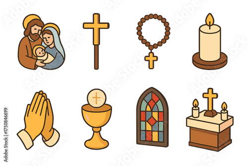 Modern Las Posadas Icons. Religious Las Posadas set icons in flat vector style. Holy family icon, cross staff, rosary beads, church candle, praying hands, chalice, stained glass