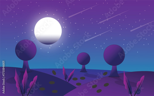 Simple night landscape background. Vector illustration.